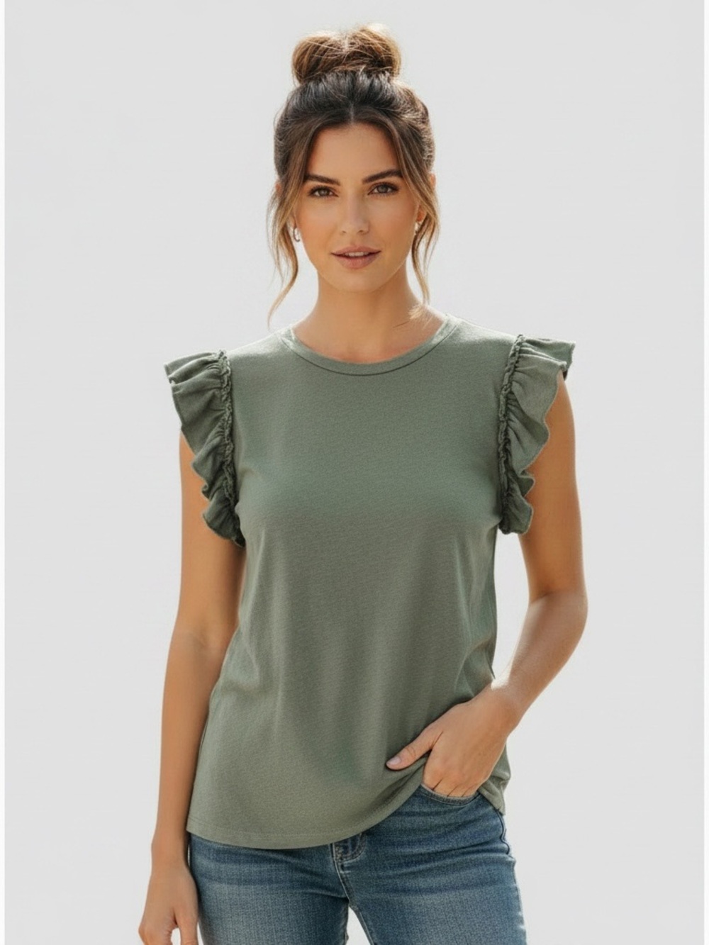Industry | LIKE NEW Green Pima cotton ruffle shirt sleeve scoop neckline t-shirt